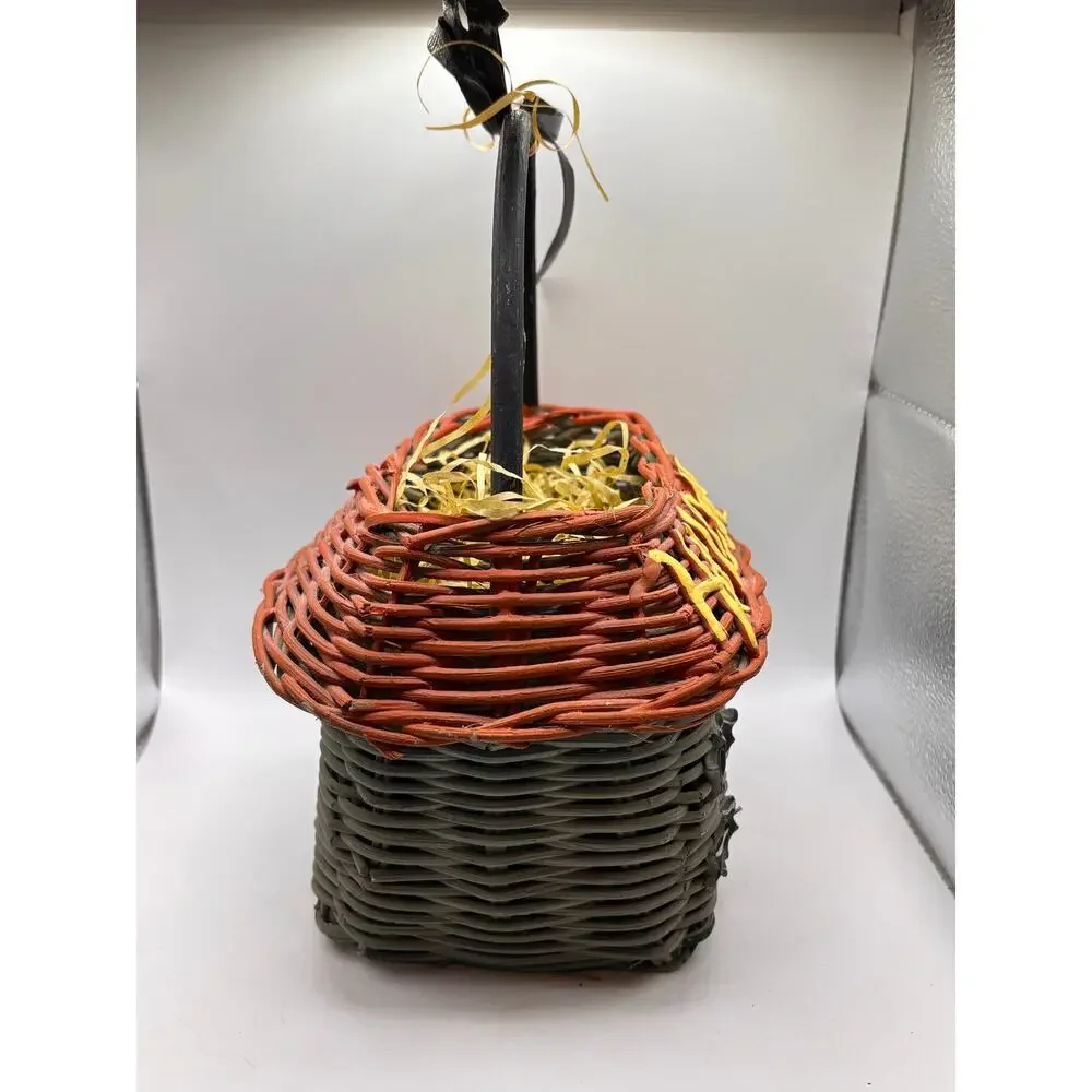 Vintage Halloween Blue & Orange Wicker Basket Handle Witch Bats 10